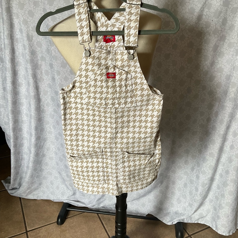 Dickies Beige and White Houndstooth Overall Dress